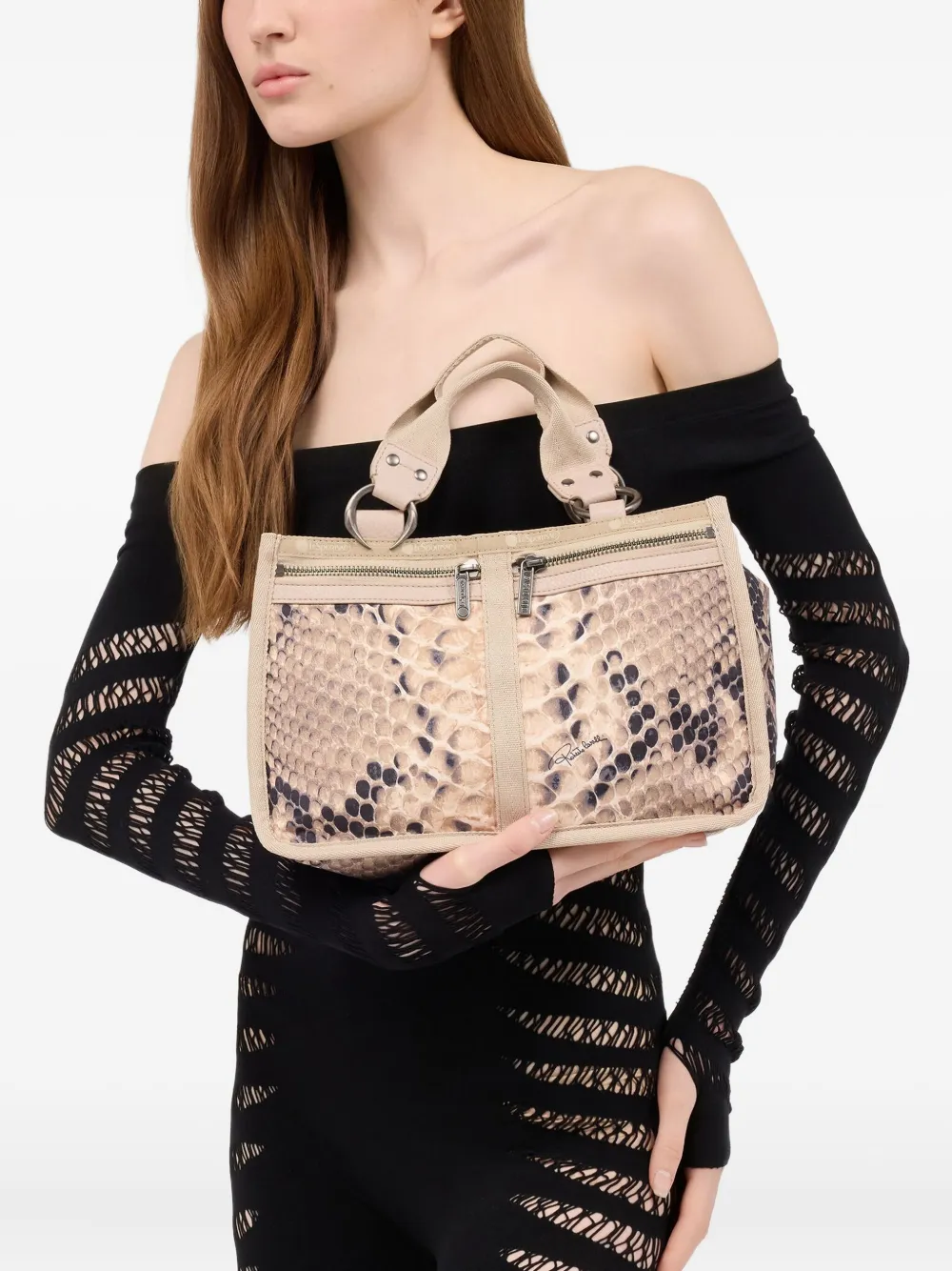 Roberto Cavalli Handtas met slangenleer-reliëf Beige