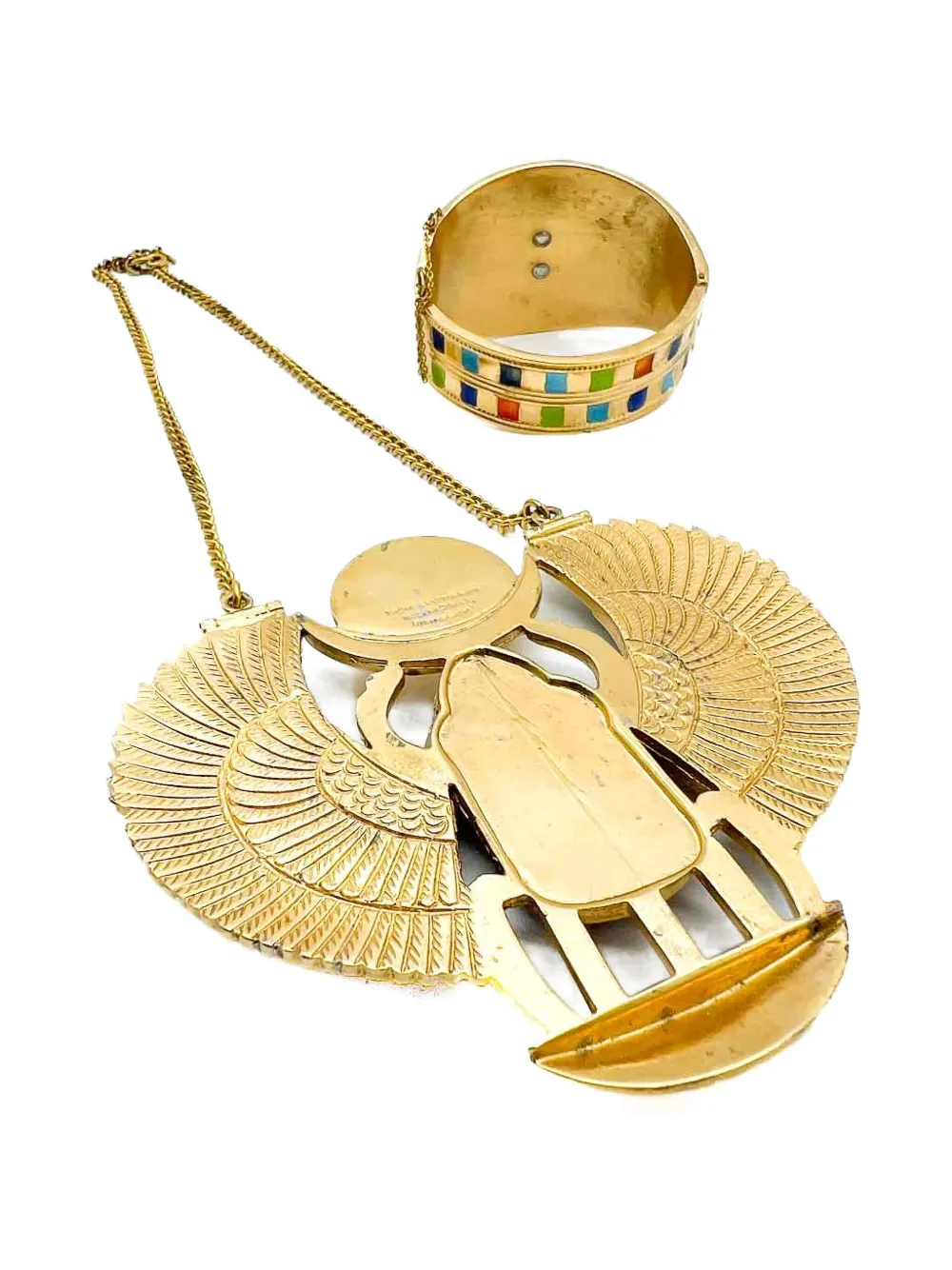 Pre-owned Jennifer Gibson Jewellery 1970s Egyptian Revival Scarab Enamel Necklace And Cuff Set In Gold