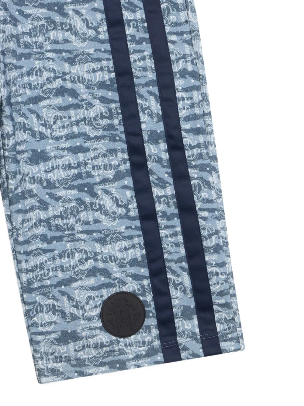 Roberto Cavalli Junior monogram-print side-stripe shorts Blauw