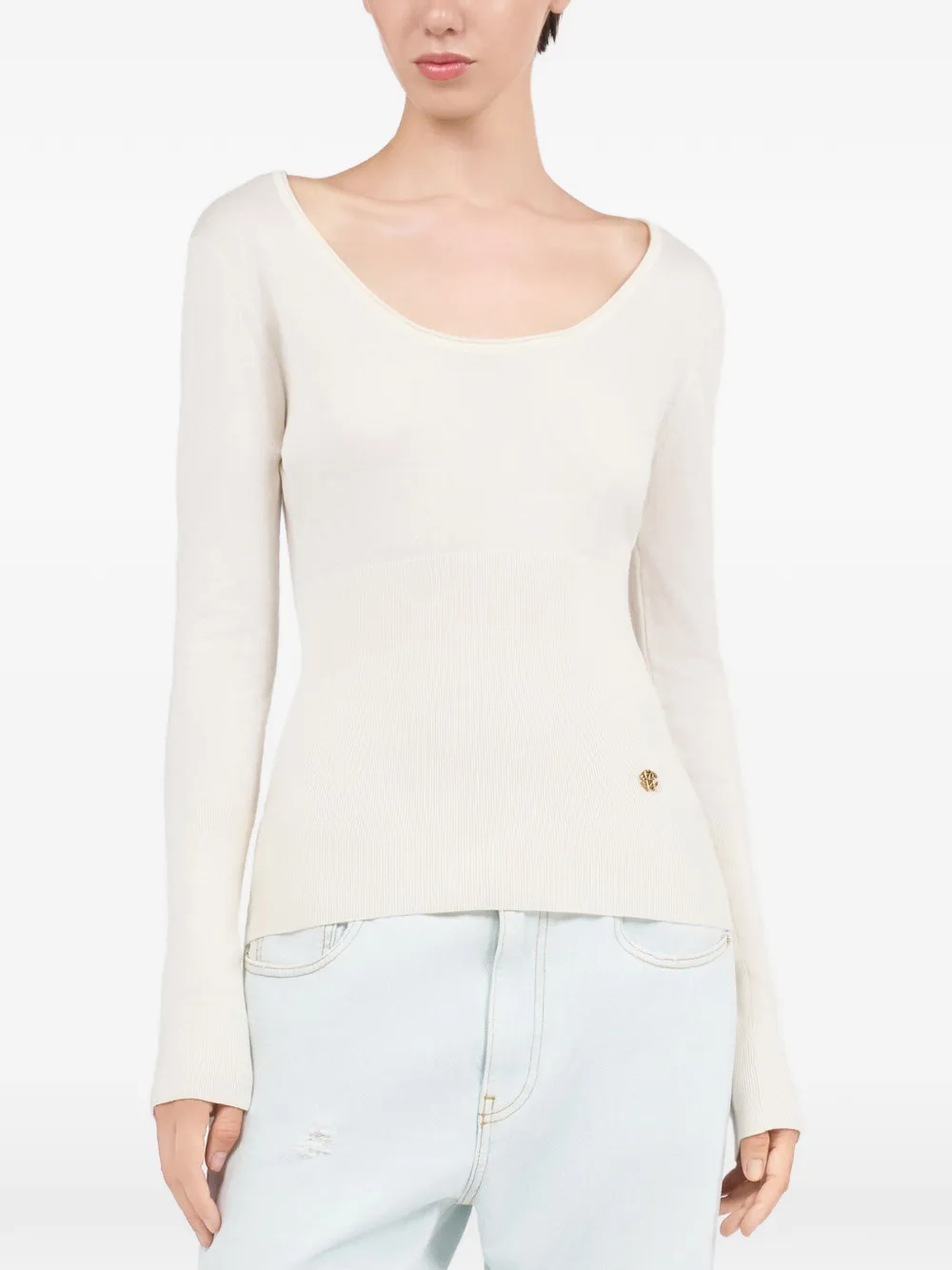 Roberto Cavalli Ribgebreide trui met logoplakkaat Beige