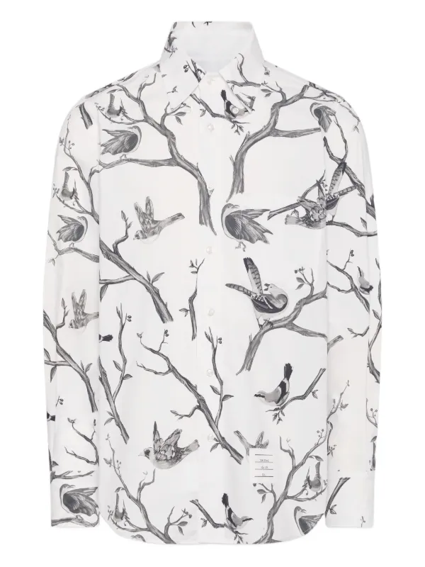 bird print dress shirt Linen-Blend Tropical Bird Print Shirt