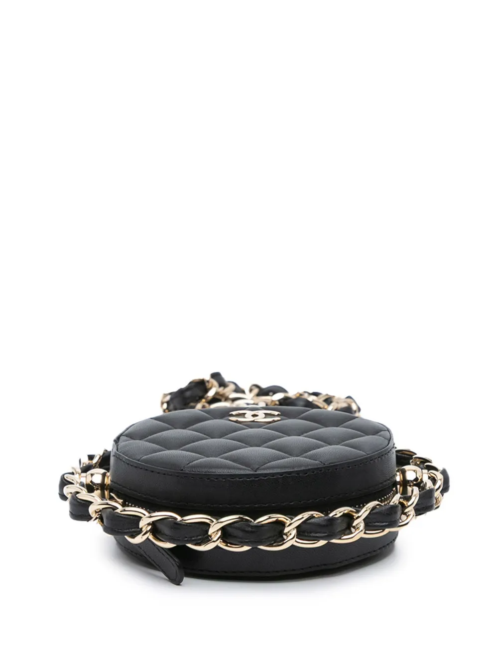 Pre-owned Chanel 2021 Cc Quilted Lambskin Round Chain Around Clutch With Chain Crossbody Bag In Black