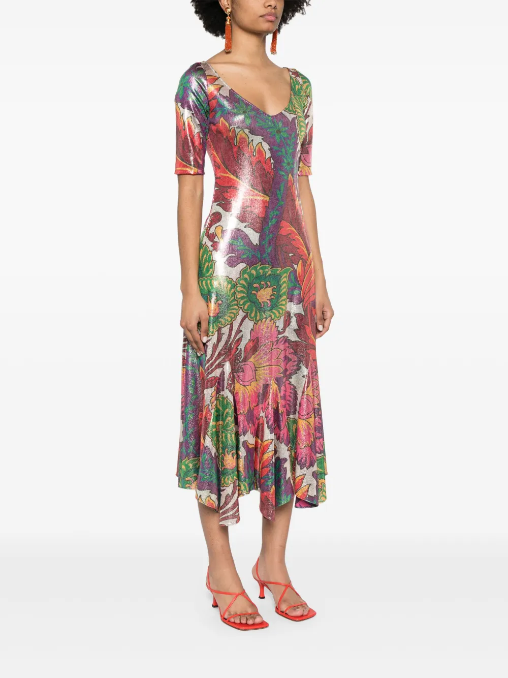 Etro Floral-print Laminated Midi Dress In Green