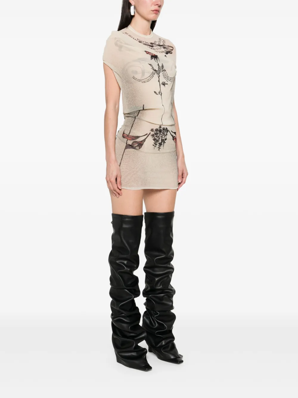 Shop Jean Paul Gaultier Tattoo Rose And Bird Mini Dress In Neutrals