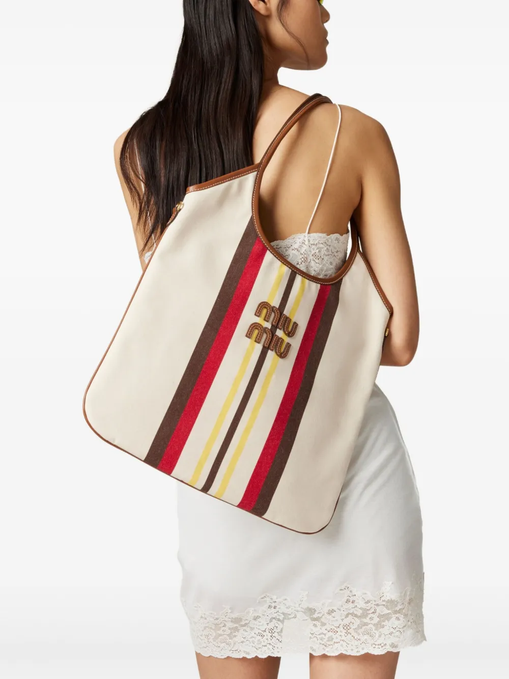 Miu Ivy gestreepte shopper Beige