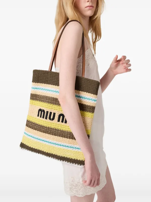 Miu Miu Striped Crochet Tote Bag | Grey | FARFETCH