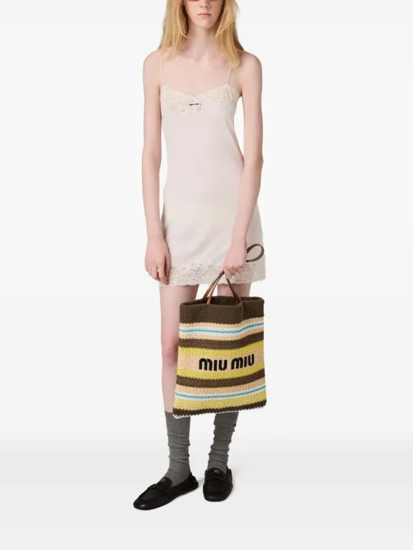 MIU MIU ロコティテルストレトレックハンツ MP1623131J F073X MIU MIU Fabric Crochet Striped Tote Bag Blue Red White