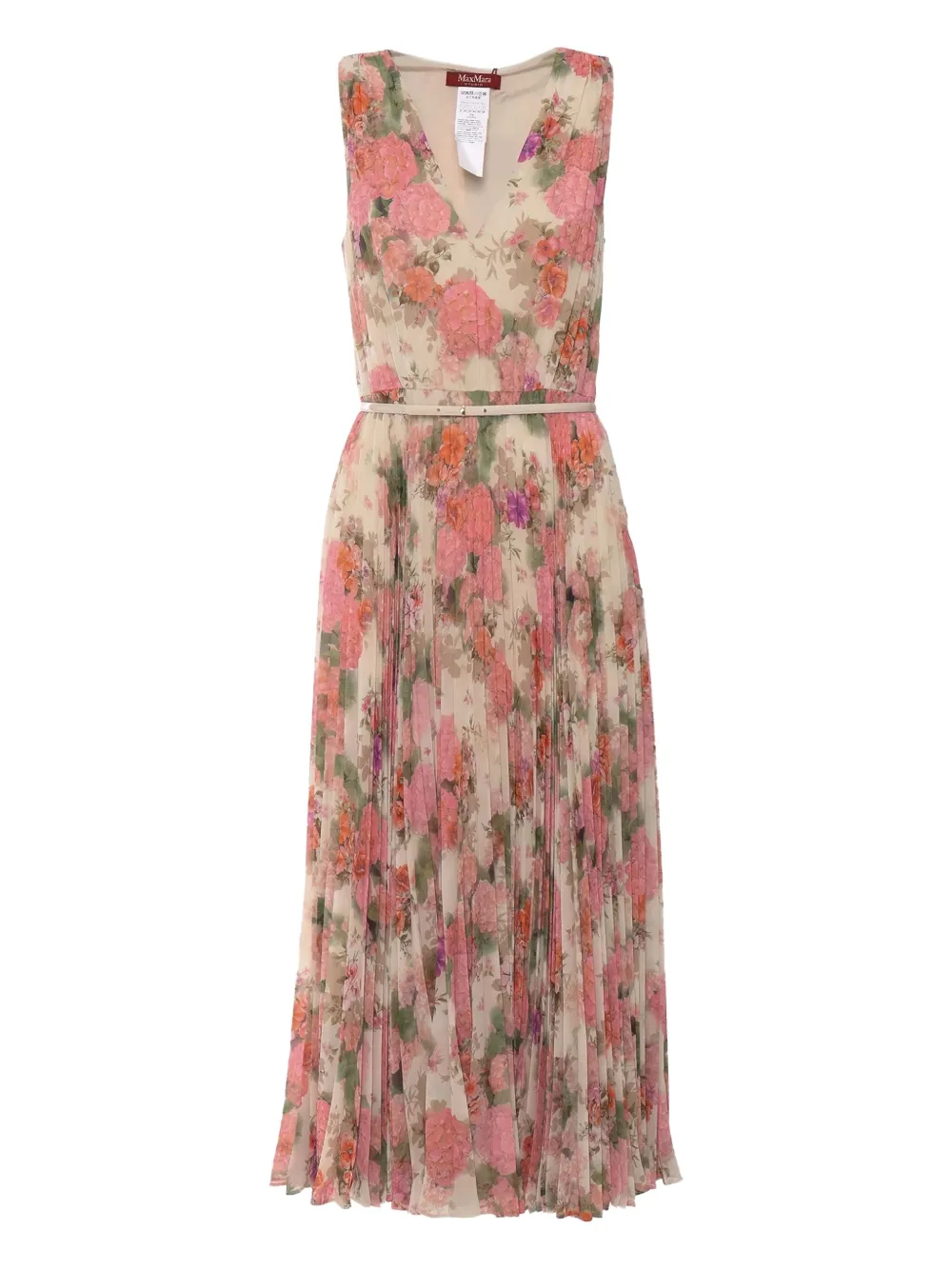 Max Mara Floral Midi Dress With V-neckline And Pleated Skirt In Multi