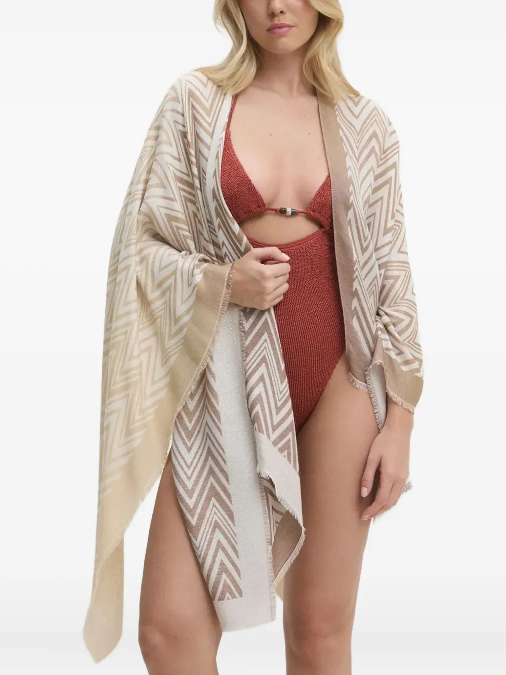 Missoni Poncho met franje en zigzag patroon Beige