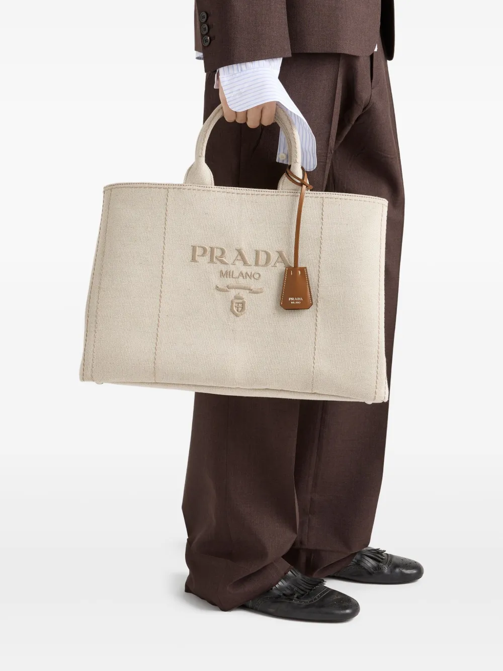 Prada Shopper met geborduurd logo Beige