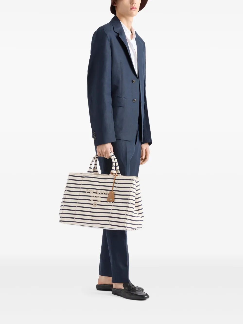 Prada Canapa gestreepte canvas shopper Wit