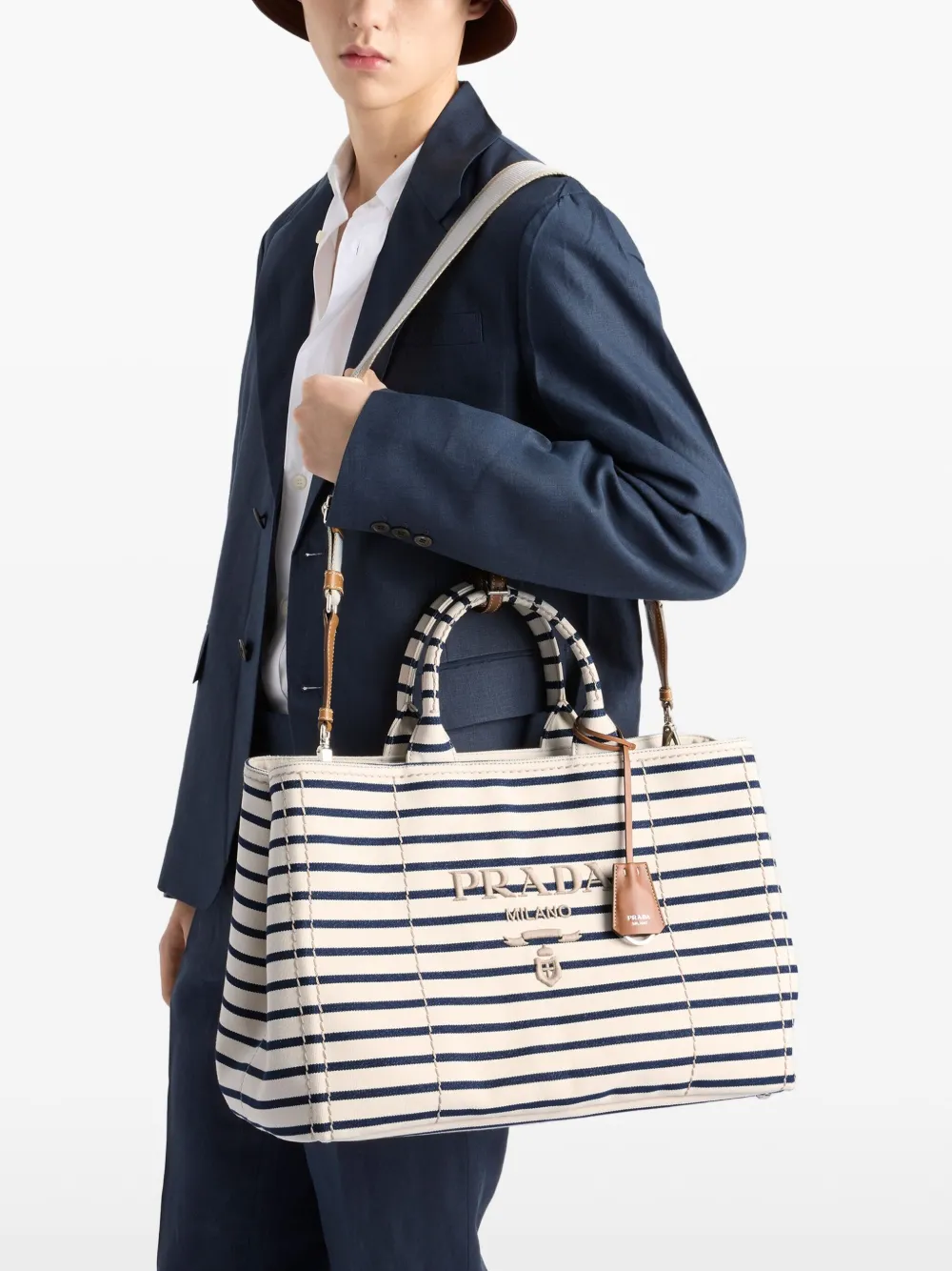 Prada Canapa gestreepte canvas shopper Wit