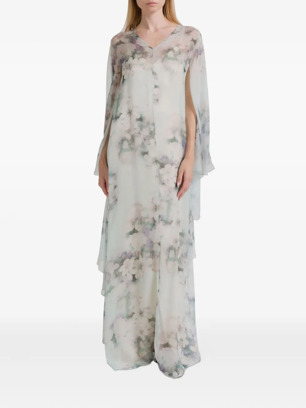 Alberta Ferretti floral-print cape maxi dress - Blauw