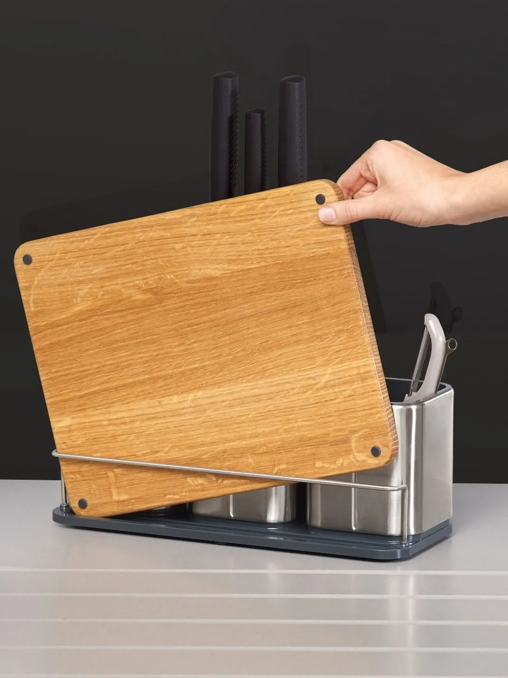 Joseph Joseph Counterstore Stainless Steel Organizer With Oak Chopping Board In Gray
