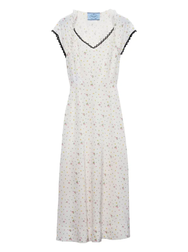 【プラダ・PRADA】Printed chiffon dress Prada Floral Chiffon Scarf-Collar Midi Dress - Bergdorf Goodman