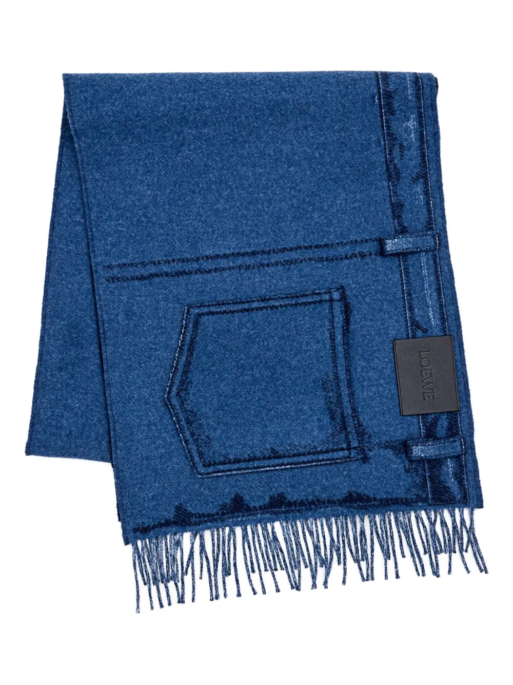Loewe Jeans-effect Fringed Scarf In Blue