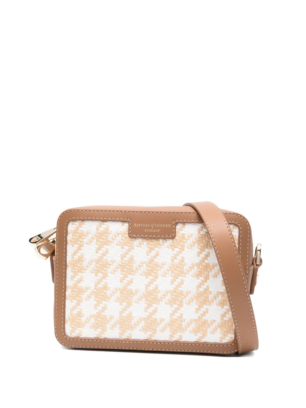Aspinal Of London houndstooth raffia cross body bag Beige