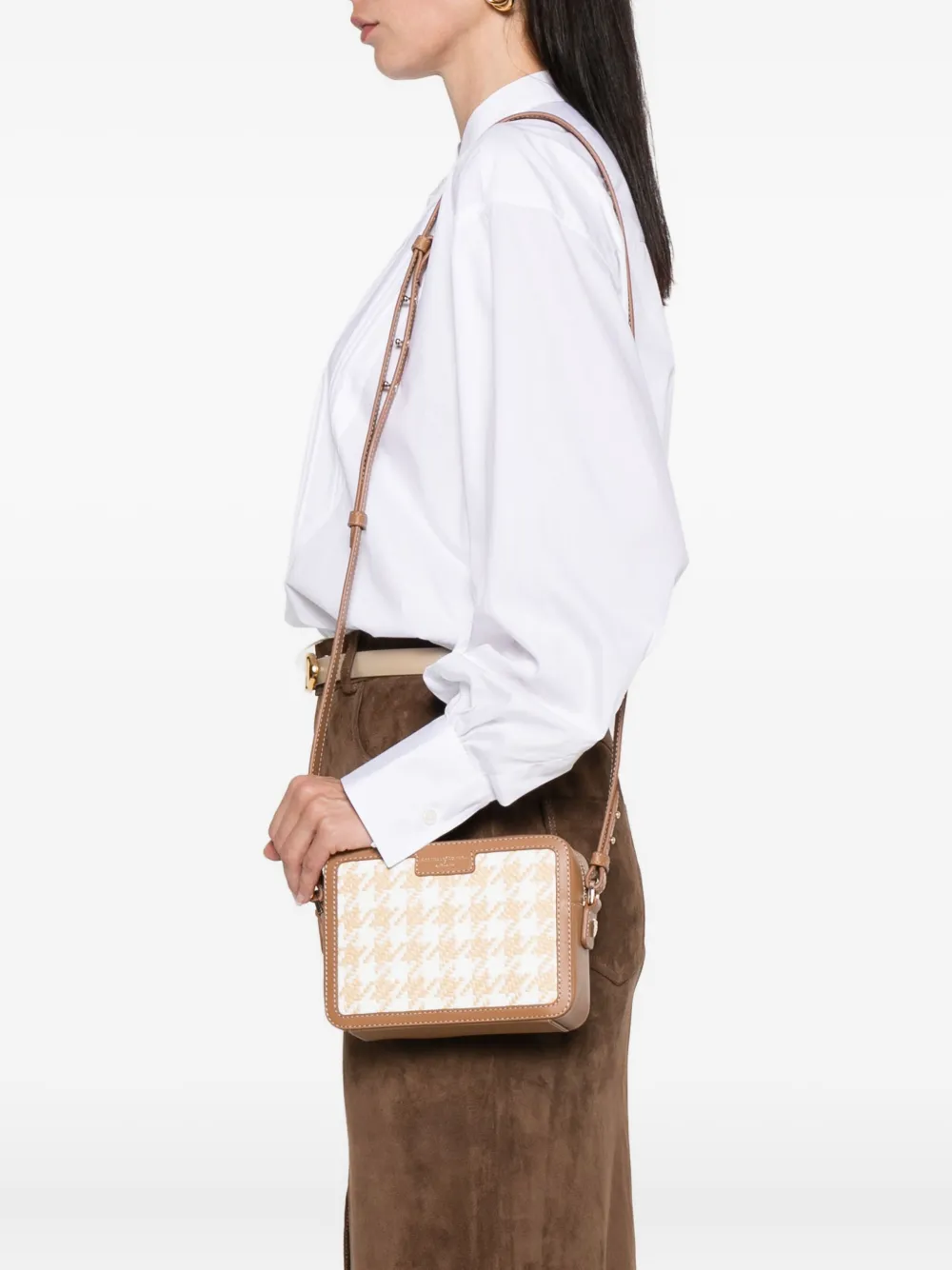 Aspinal Of London houndstooth raffia cross body bag Beige