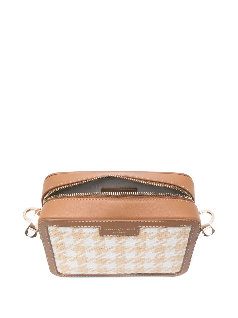 Aspinal Of London houndstooth raffia cross body bag Beige