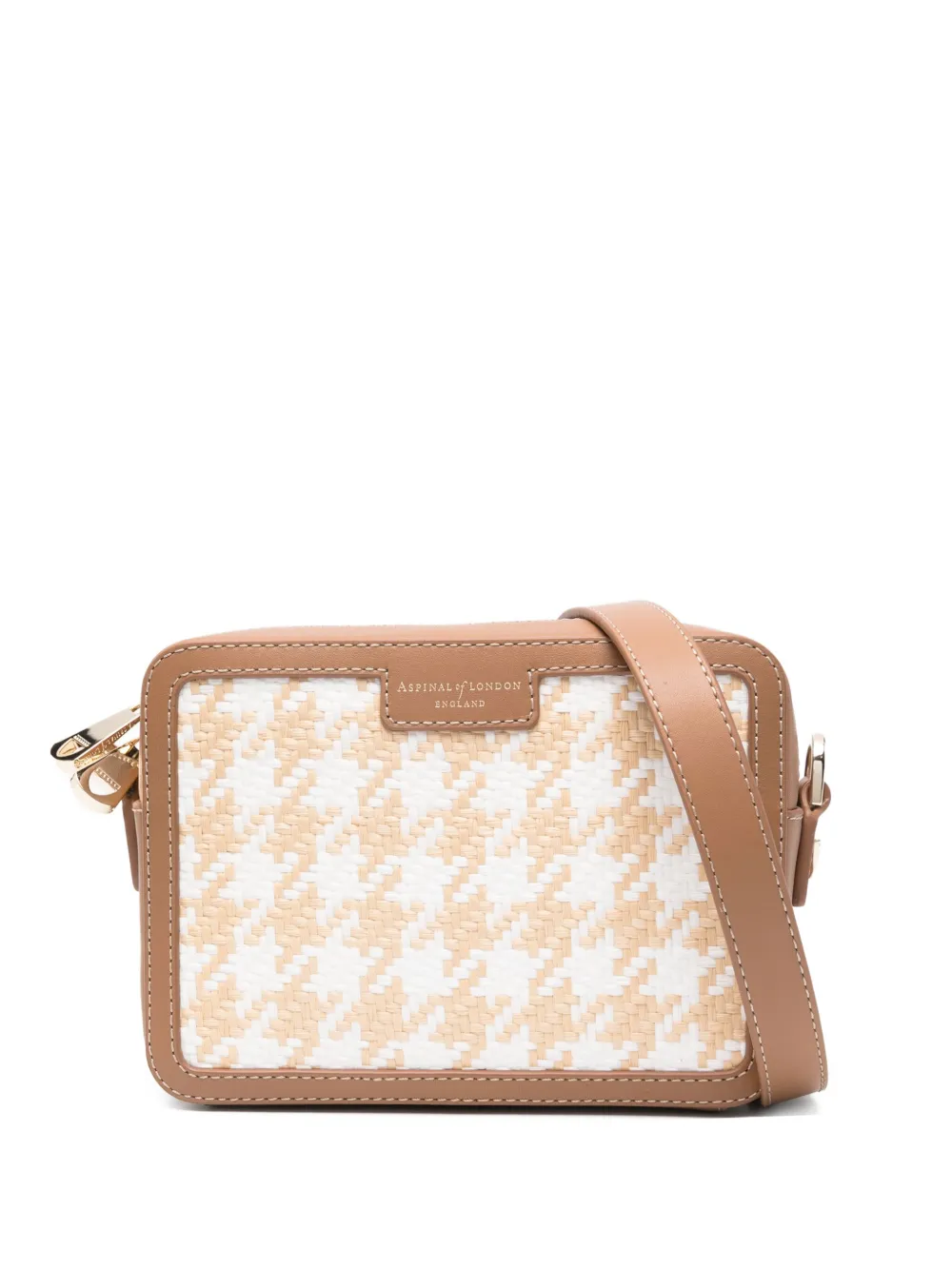 Aspinal Of London houndstooth raffia cross body bag Beige