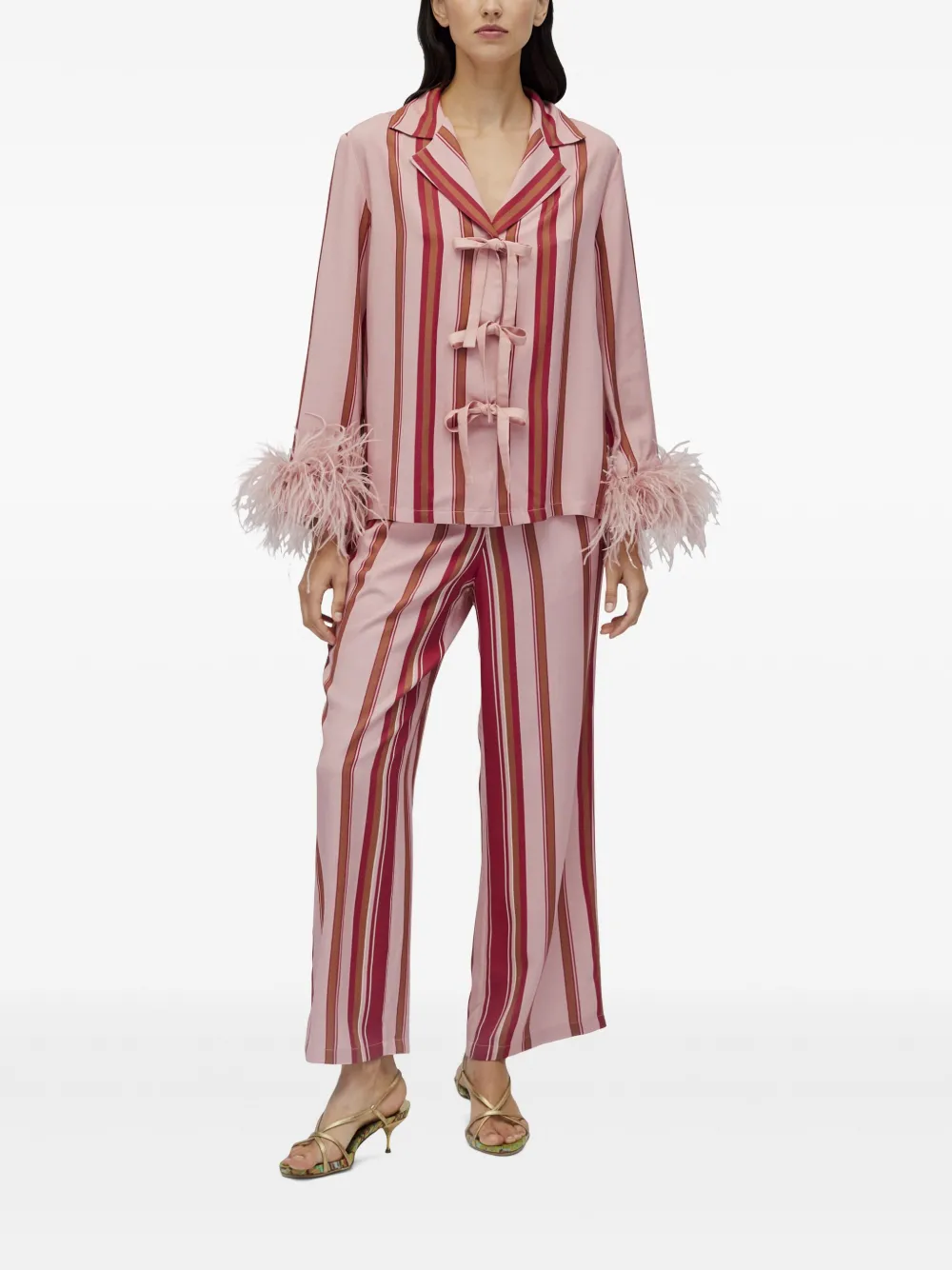 SLEEPER THE BOW FEATHER-TRIMMED STRIPED PAJAMA SET