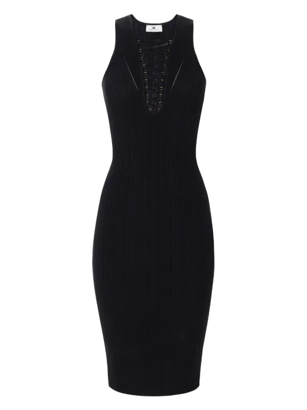 【ELISABETTA FRANCHI】ブラック フラワー ニット ミディドレス Elisabetta Franchi Woman Ribbed Midi Tricot Dress with