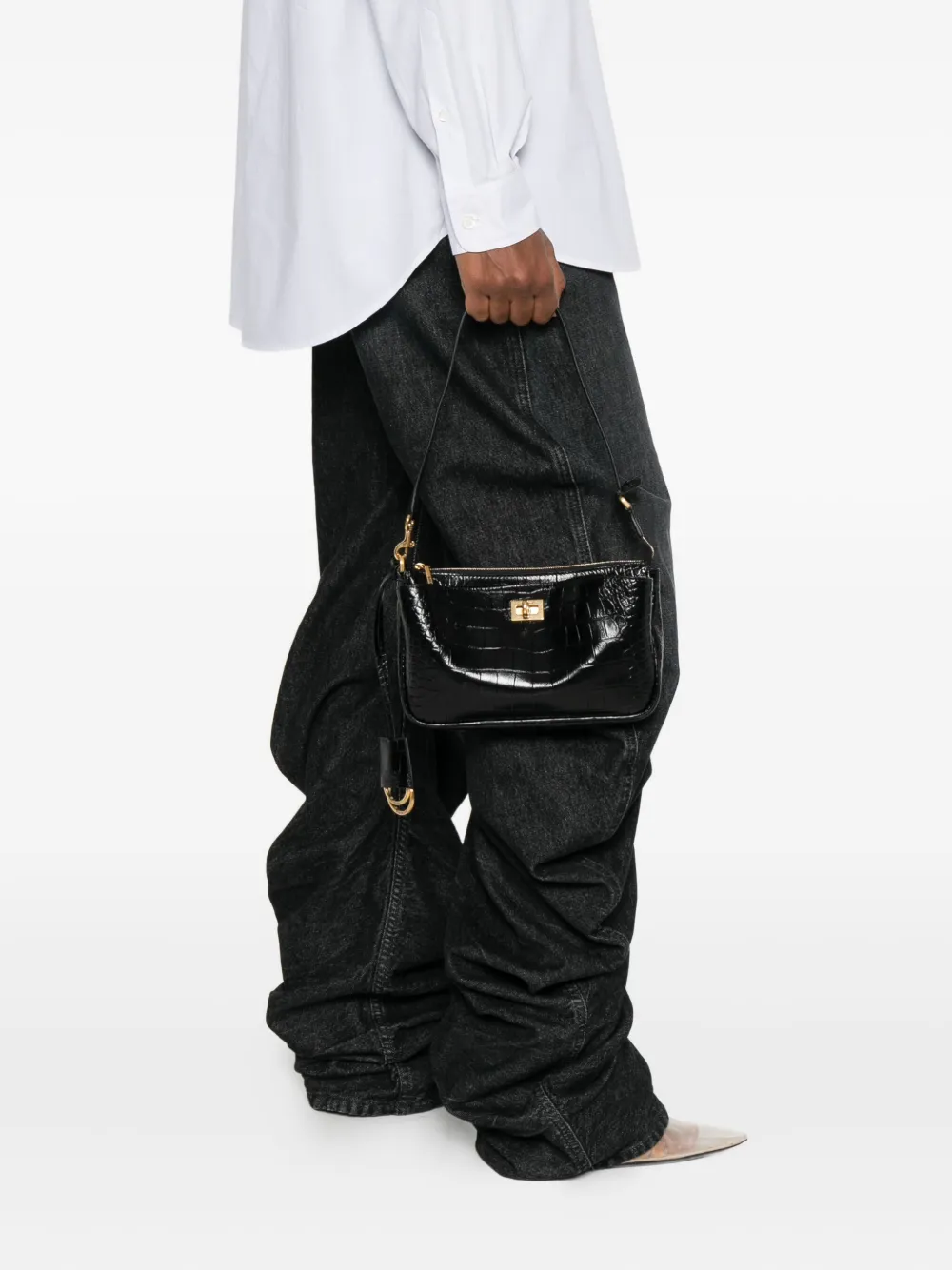 Balenciaga Rodeo Sling Embossed Croc Pochette Bag In Black