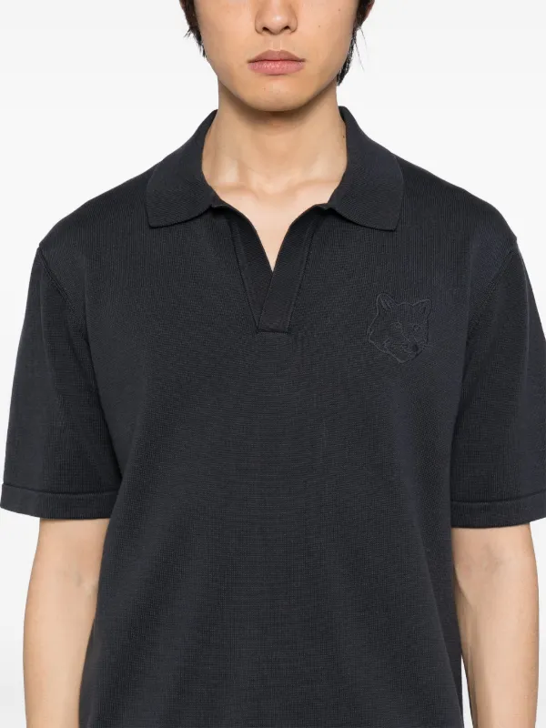 Maison Kitsuné Bold Fox Head Embroidered Knitted Polo Shirt | Grey