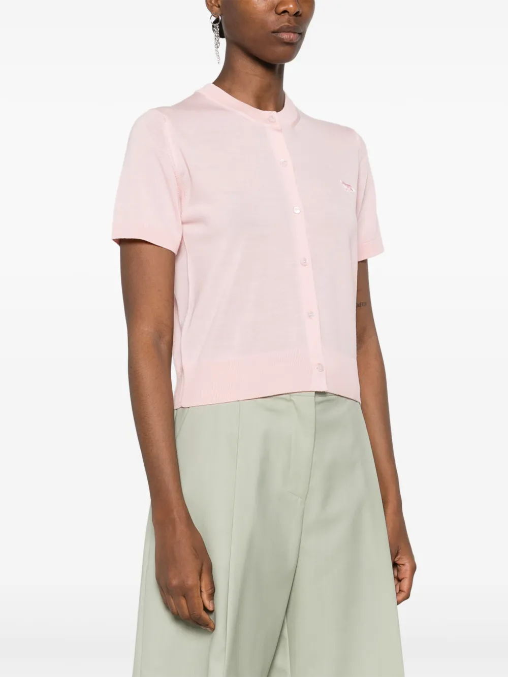 Maison Kitsuné Fox Patch Crew Neck Cardigan In Pink