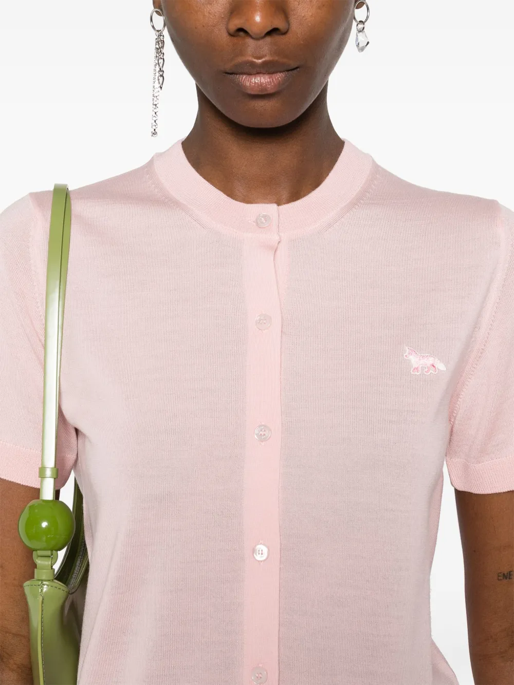 Maison Kitsuné Fox Patch Crew Neck Cardigan In Pink