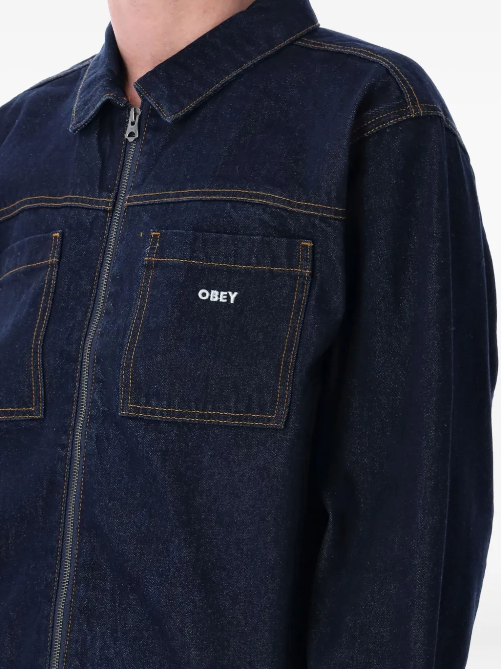 Shop Obey Hardwork Graphic-print Denim Jacket