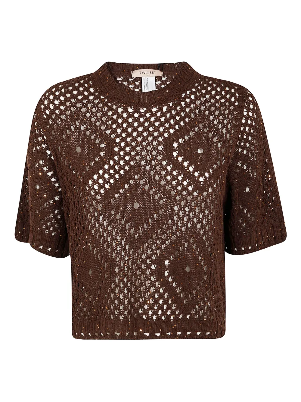 Shop Twinset Open-knit Short-sleeve Top In 12479 Chocolate