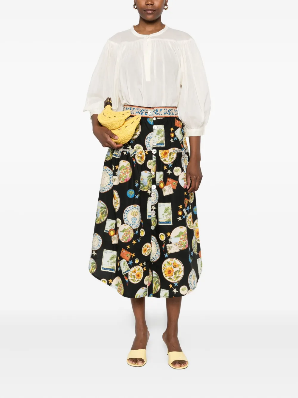 Antik Batik Gesmockte blouse met knopen Beige