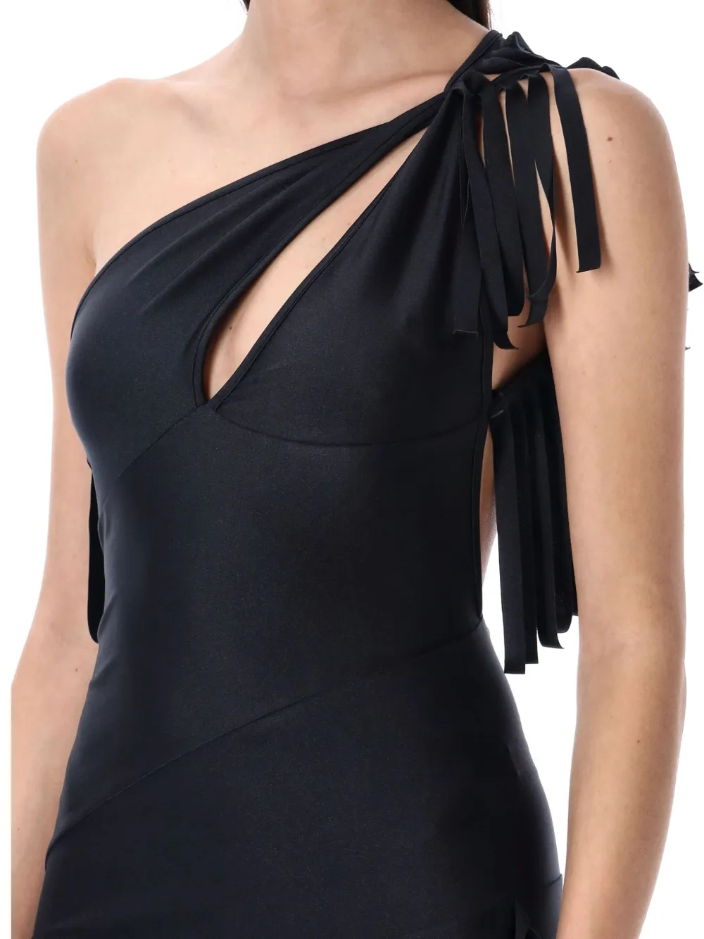 Coperni Asymmetric Fringed Mini Dress In Black