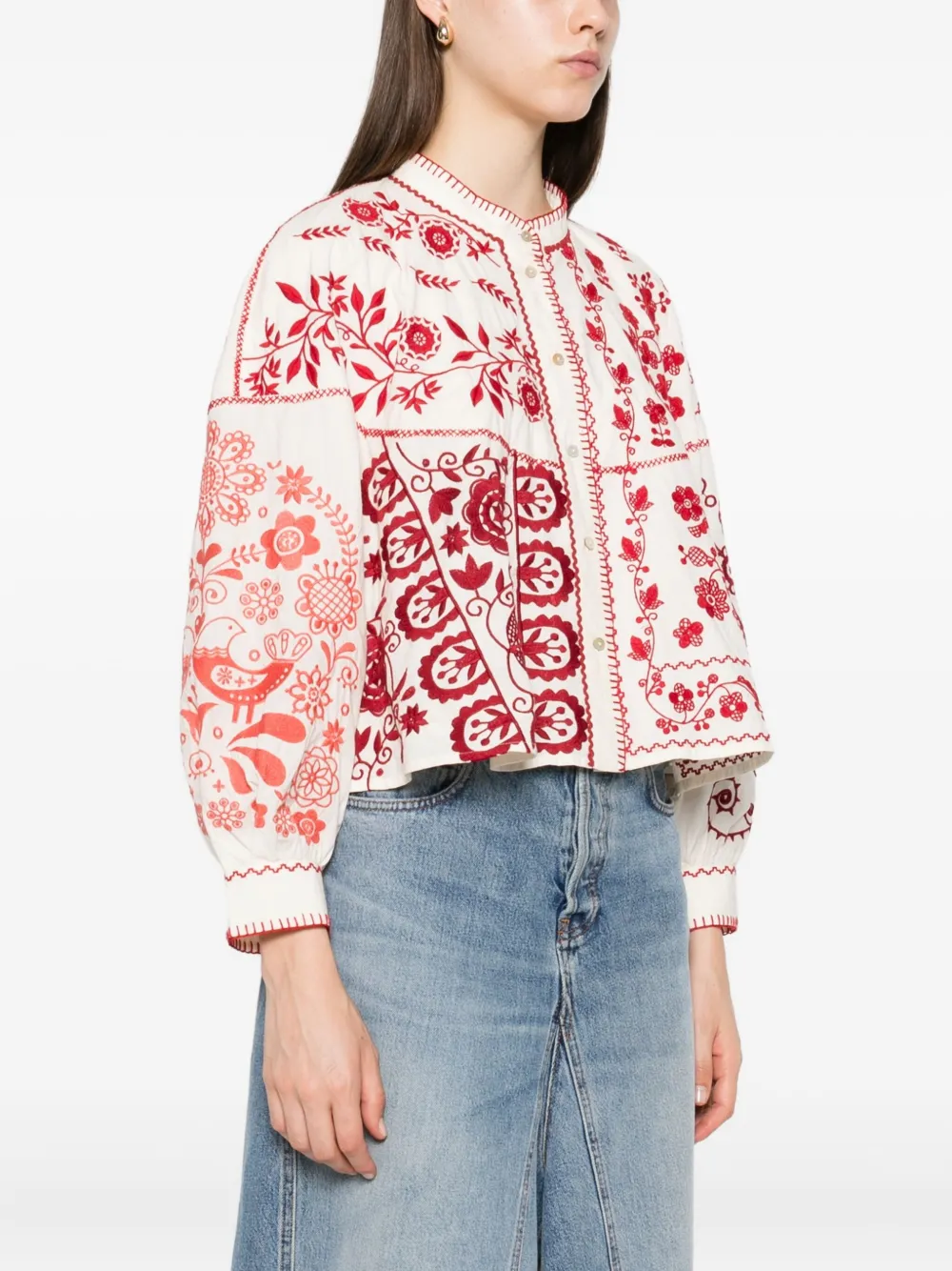 Antik Batik Mamie katoenen blouse met borduurwerk Beige