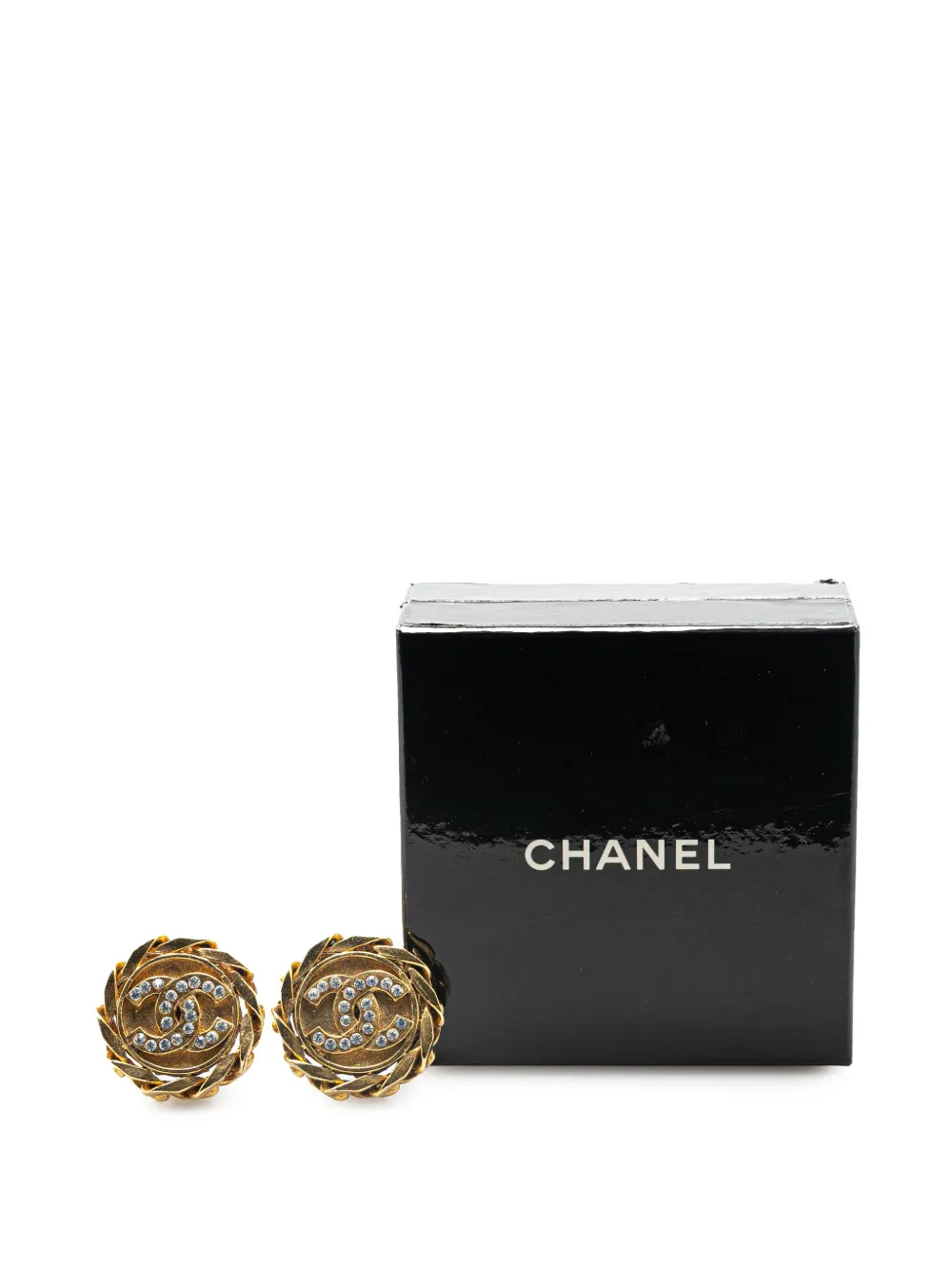 Pre-owned Chanel 1980-1990 Gold Plated Rhinestone Cc Clip On Earrings Costume Earrings