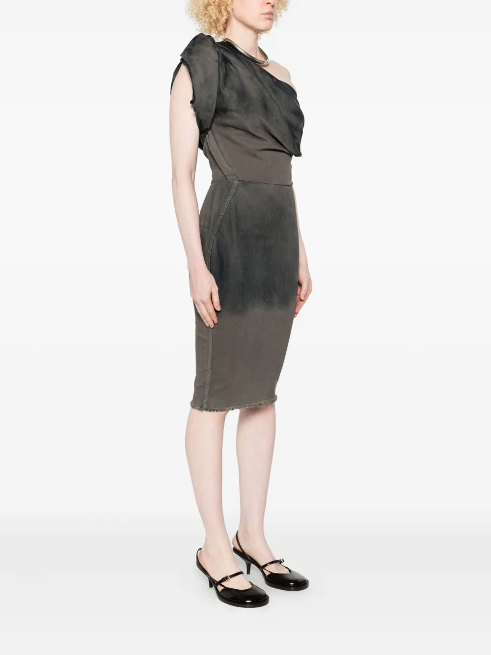 Rick Owens One-shoulder Denim Midi Dress In Gray