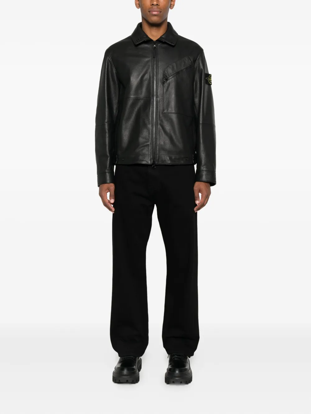 Stone Island Leren jack met ritssluiting en vlakken Zwart