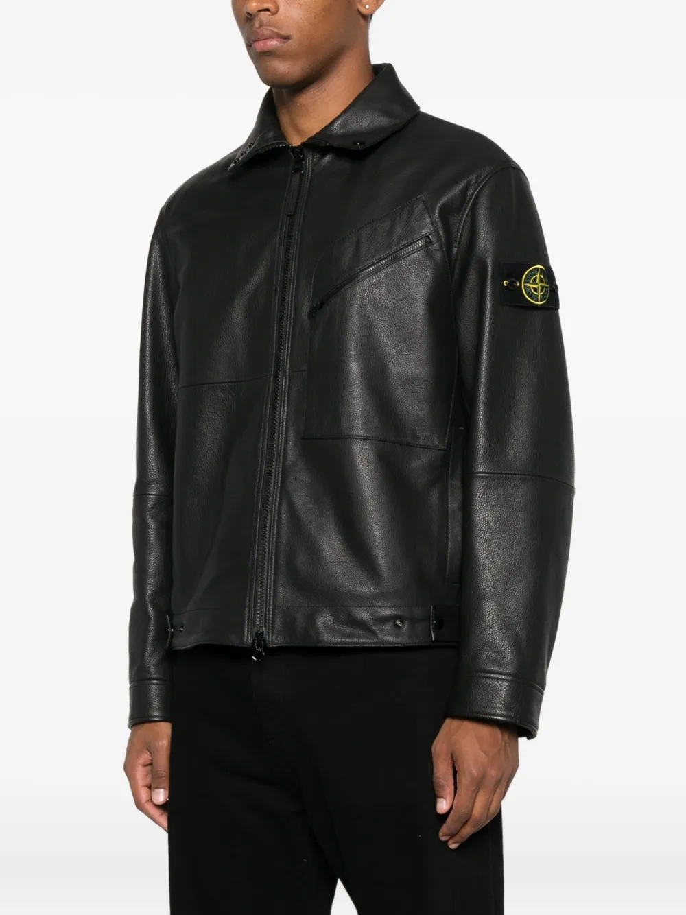 Stone Island Leren jack met ritssluiting en vlakken Zwart