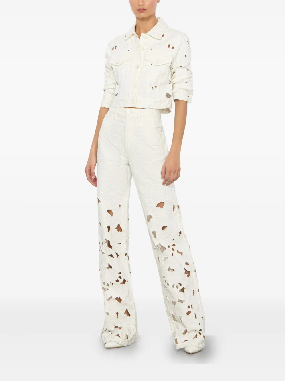Alice And Olivia Weezy High Rise Embroidered Eyelet Pants In Off White