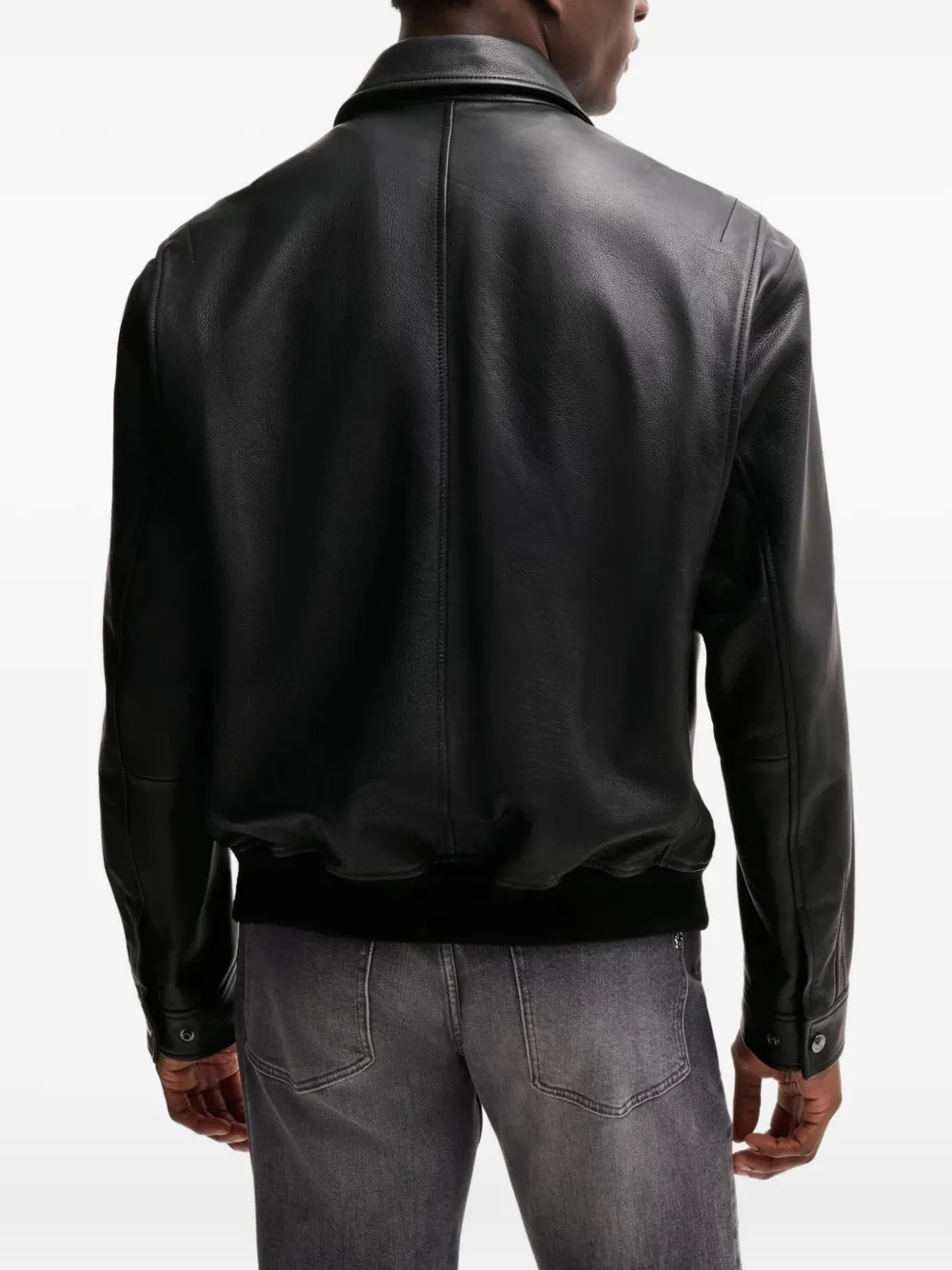 Hugo Boss Structured Black Leather Bomber Jacket With Ribbed Cuffs In Black