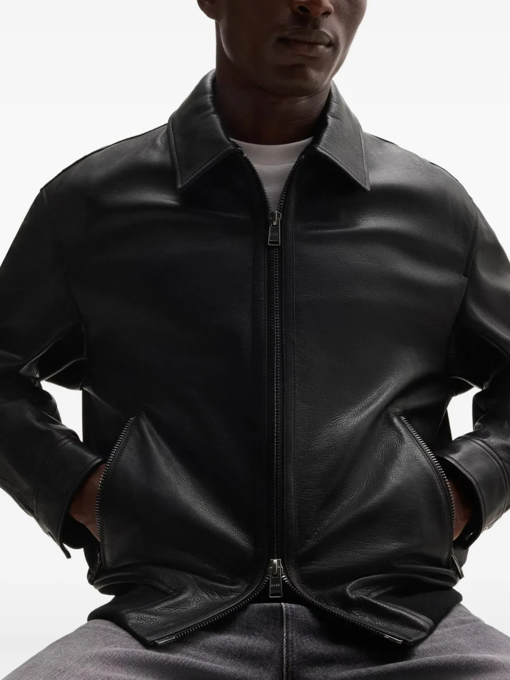 Hugo Boss Structured Black Leather Bomber Jacket With Ribbed Cuffs In Black