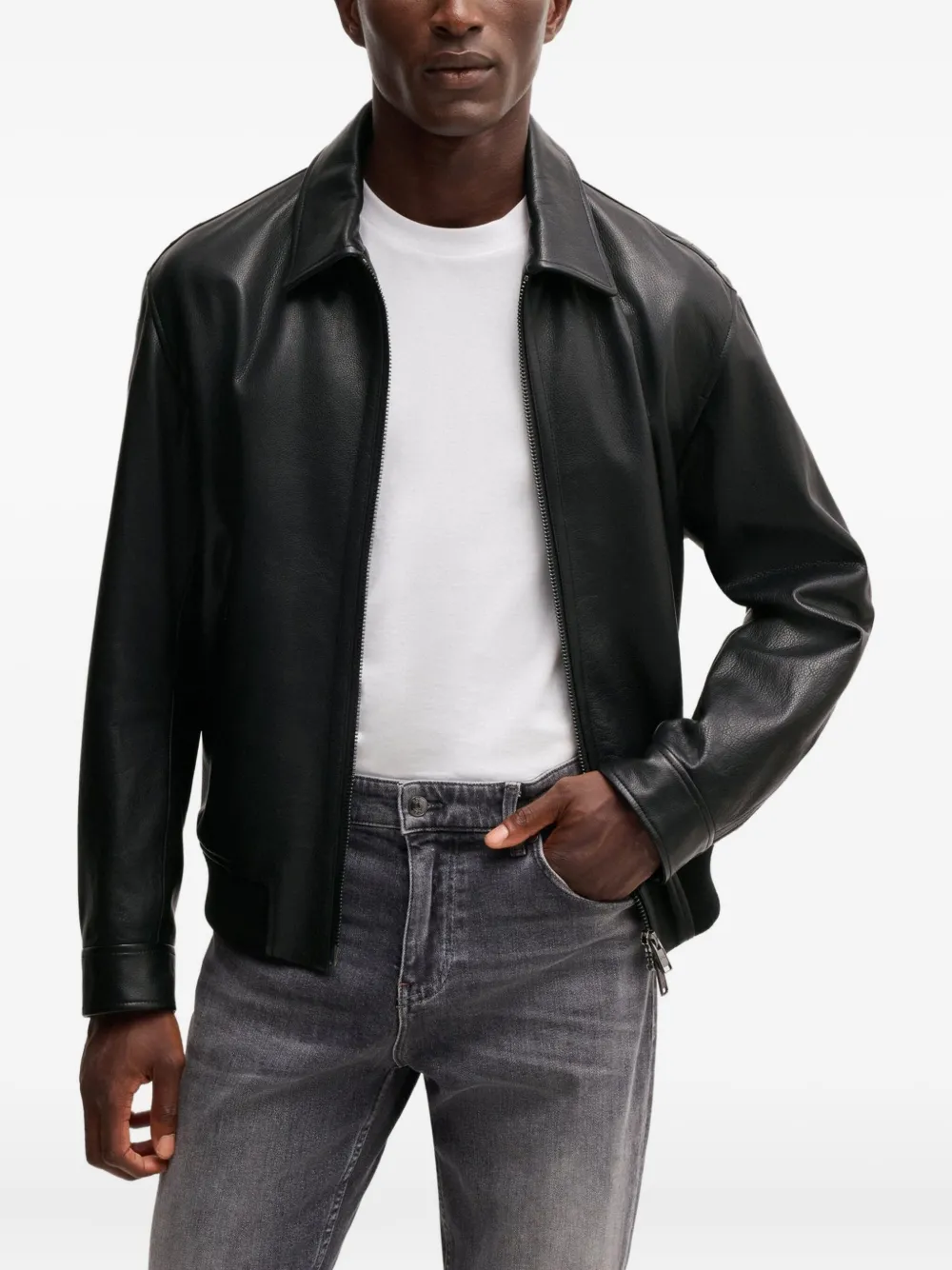 Hugo Boss Structured Black Leather Bomber Jacket With Ribbed Cuffs In Black
