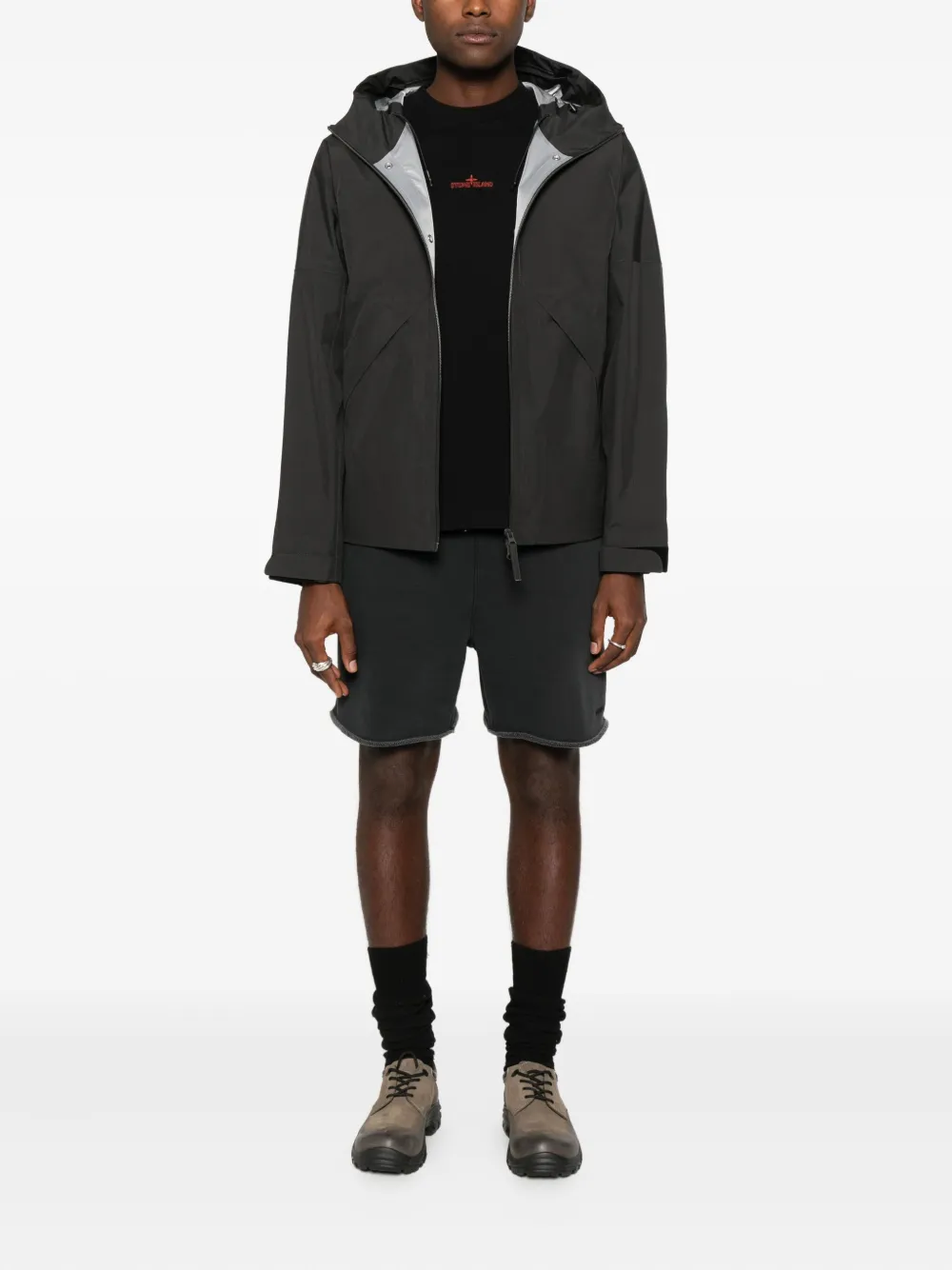Stone Island Water-resistant Hooded Short Coat In Gray