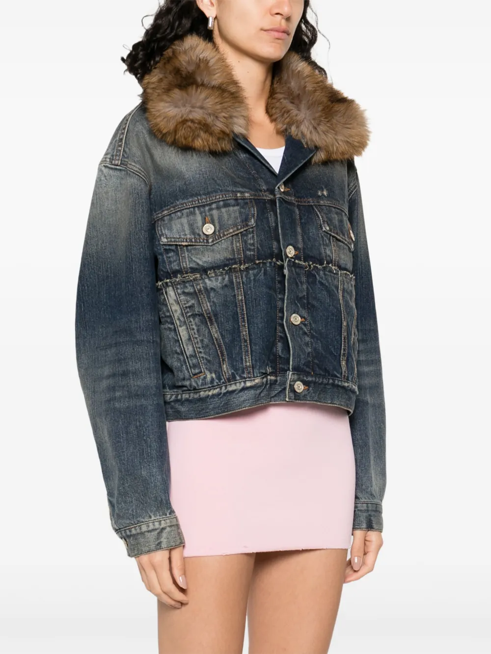 Balenciaga Spijkerjack met kraag van imitatiebont Blauw
