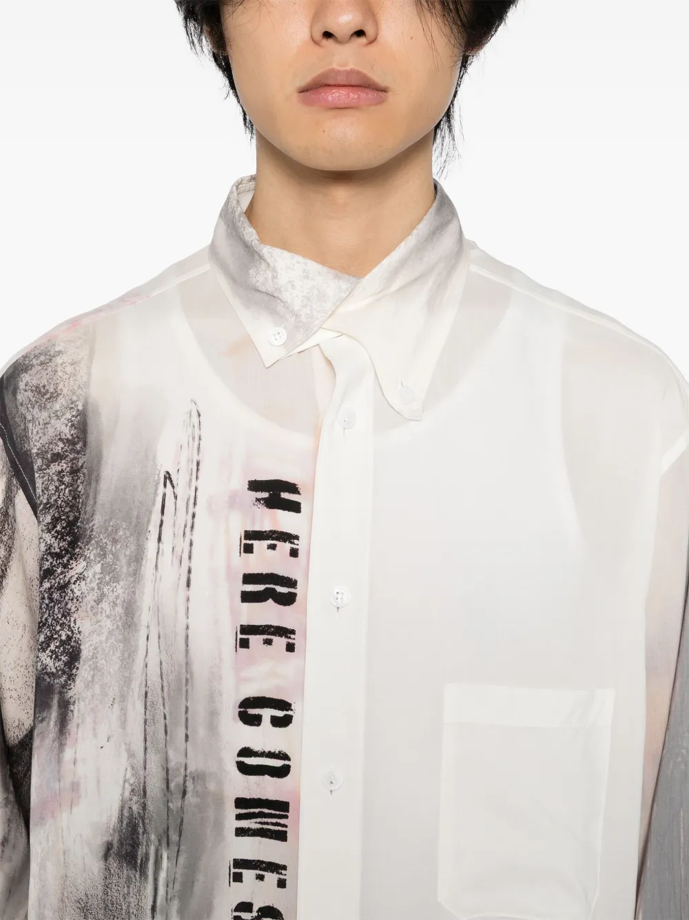 Yohji Yamamoto Overhemd met asymmetrische kraag en print Wit