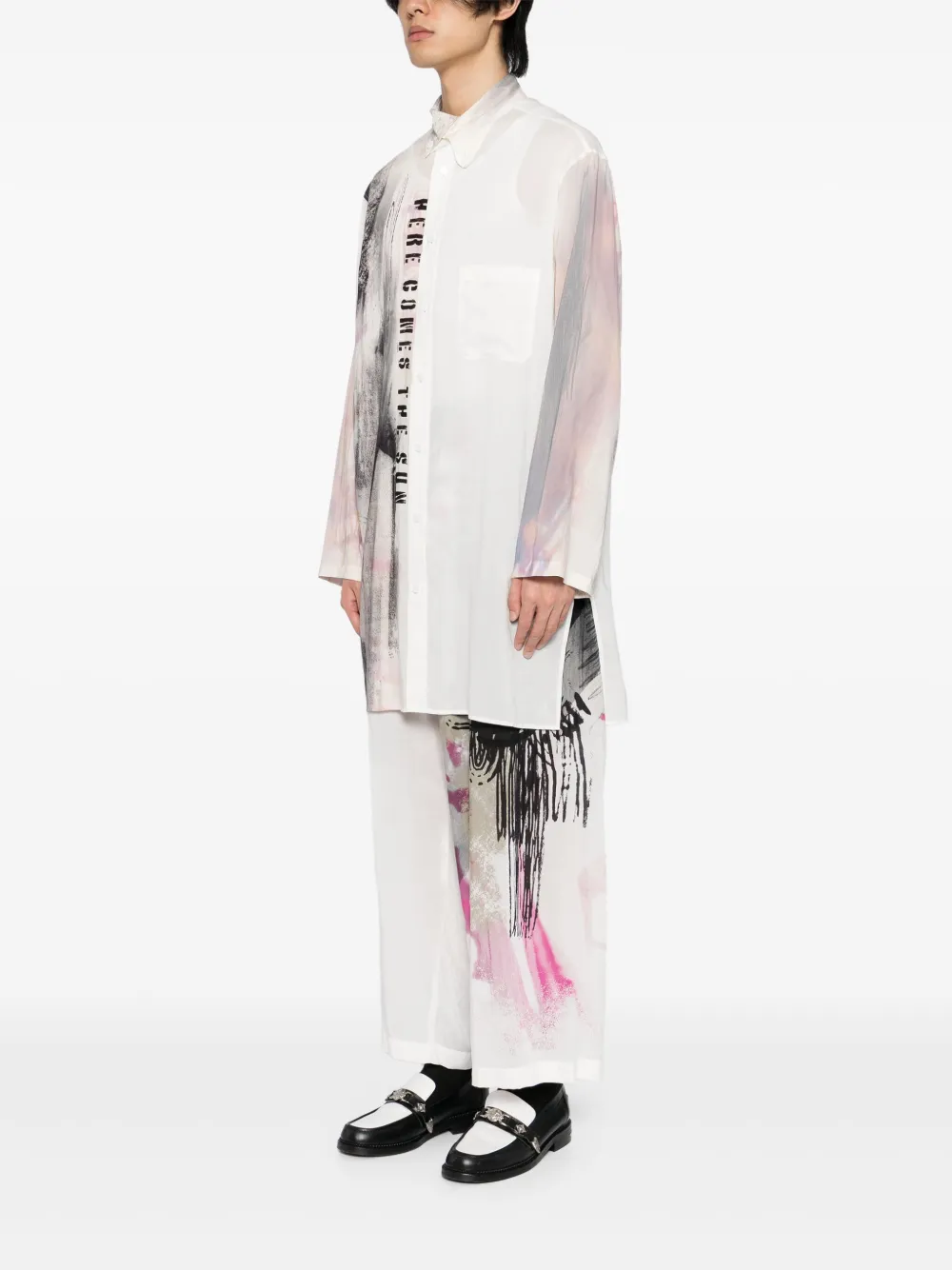 Yohji Yamamoto Overhemd met asymmetrische kraag en print Wit