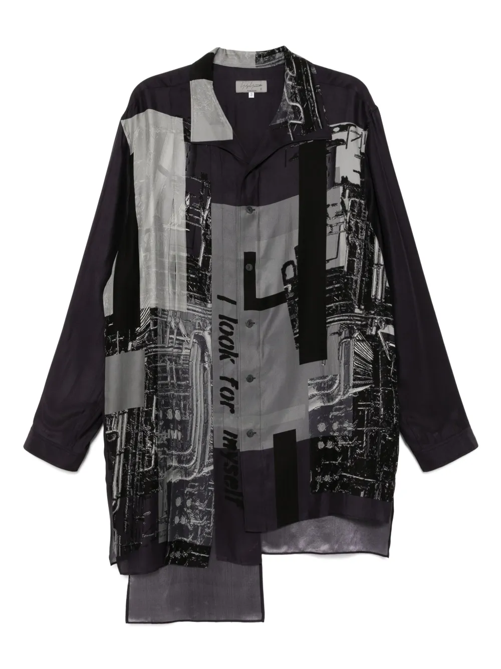 Yohji Yamamoto message-print switching-hem shirt | Black | Image 1