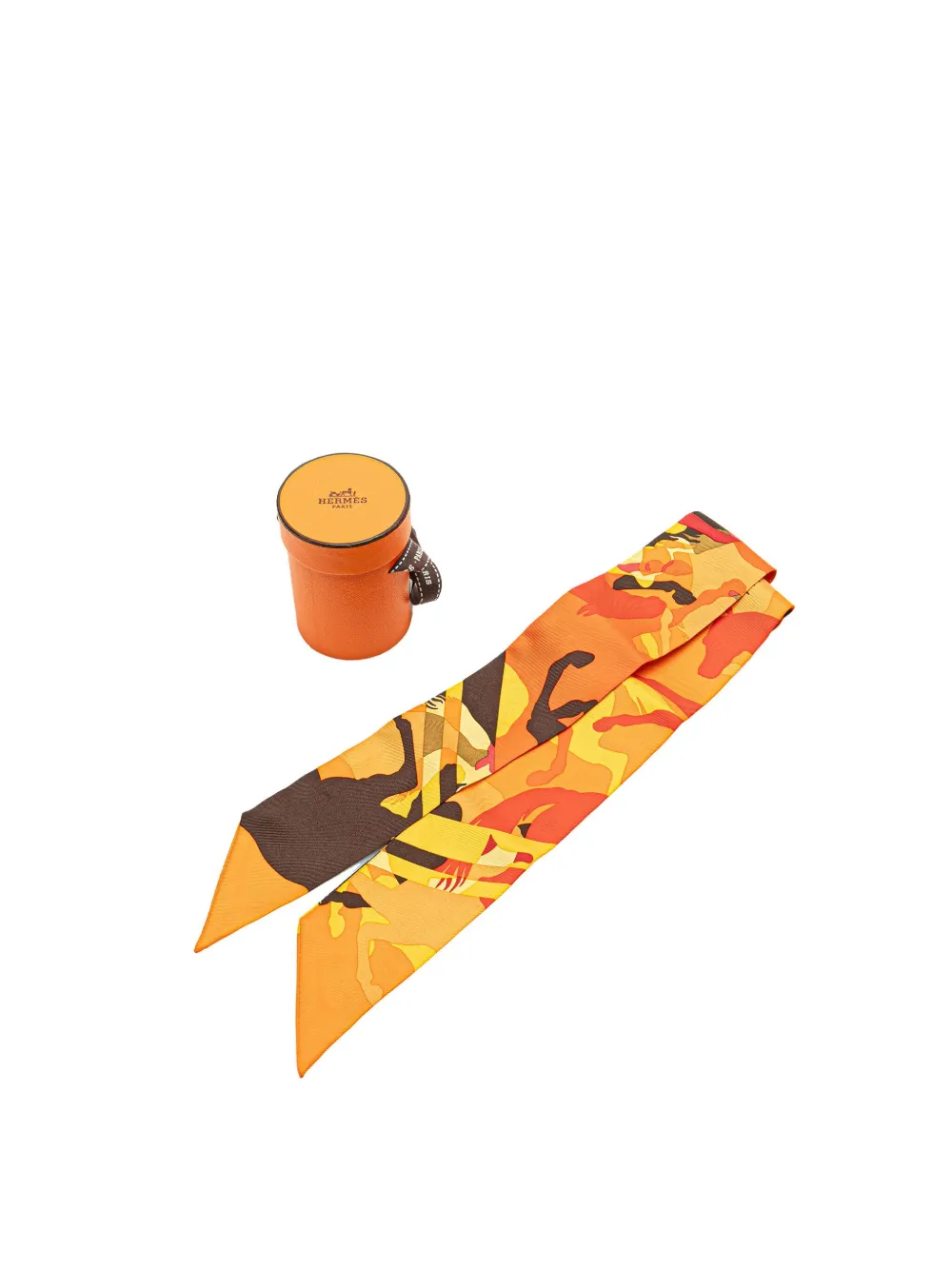 Pre-owned Hermes 20th Century Ex Libris En Camouflage Silk Twilly Scarf Scarves In 橘色