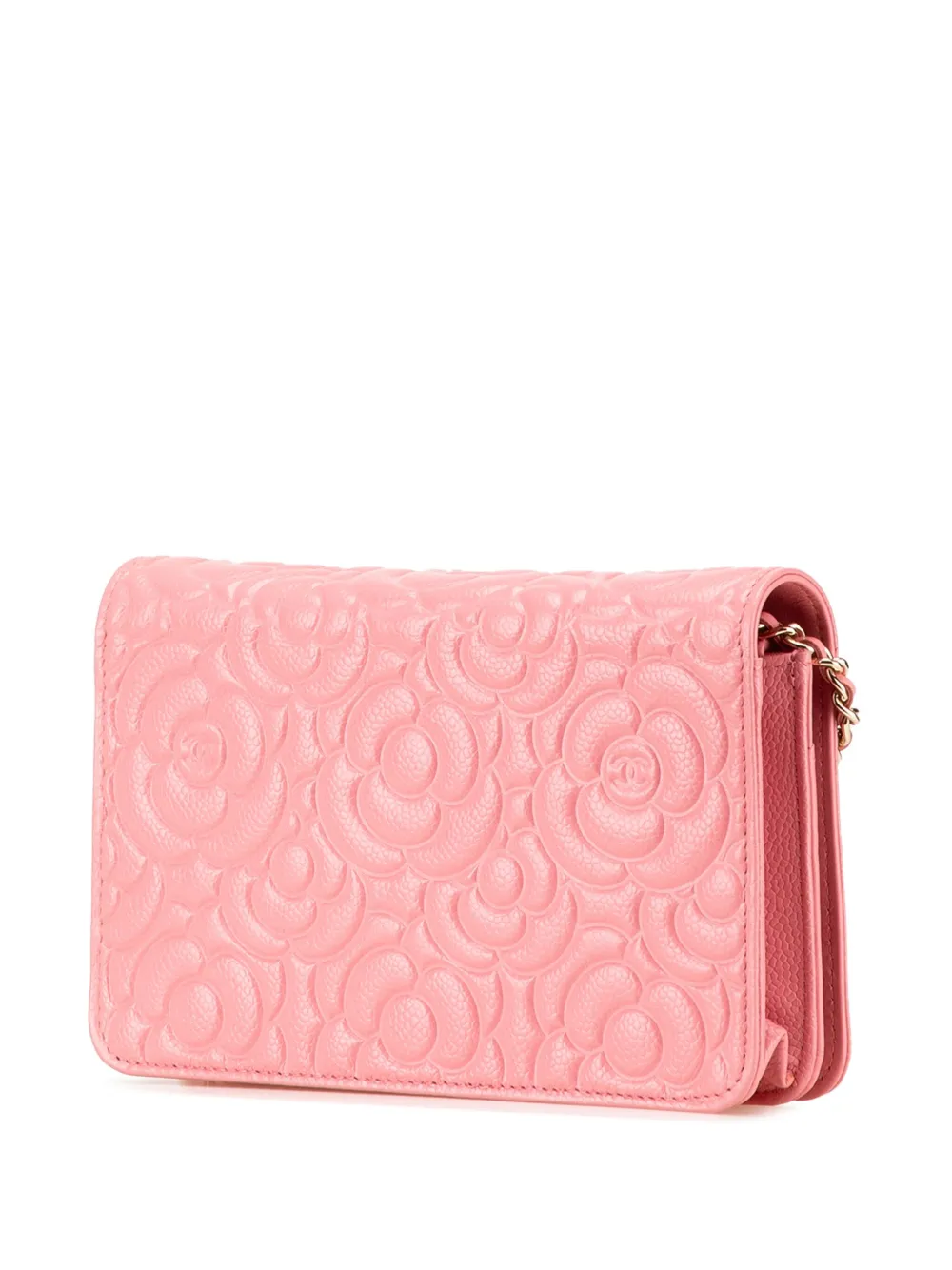 Pre-owned Chanel 2019 Cc Caviar Camellia Wallet On Chain Crossbody Bag In 粉色